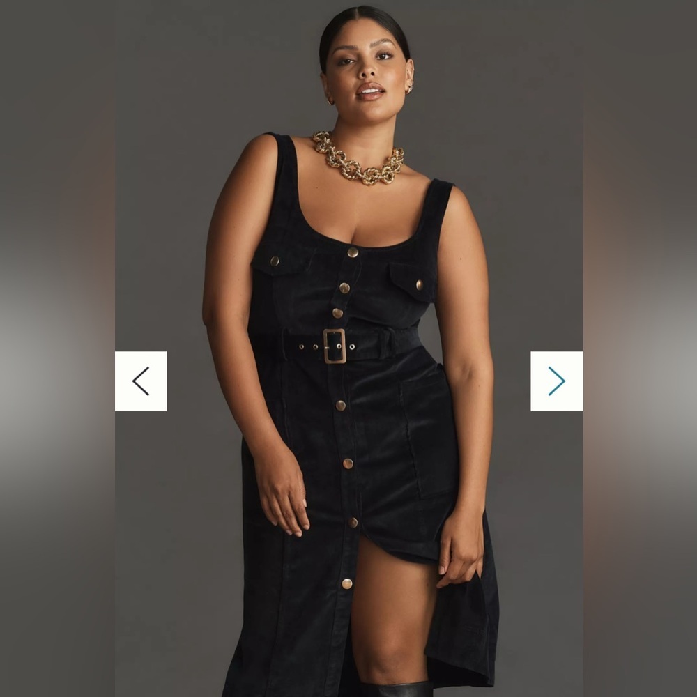 Maeve Anthropologie Corduroy Navy Blue Slim Pinafore Midi Dress size 16 W Preppy - Picture 2 of 15